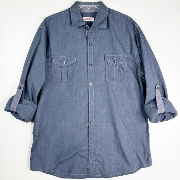 Michael Brandon Chambray Button Up Shirt Roll Tab Sleeves Blue L - Picture 2 of 8